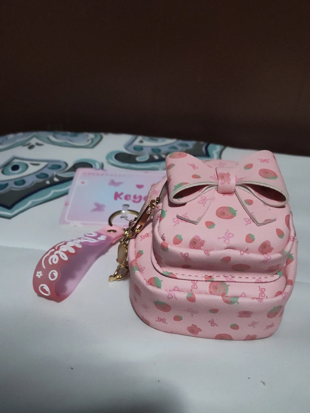 Under One Sky Pink Strawberry Bow Mini Backpack Keychain Set